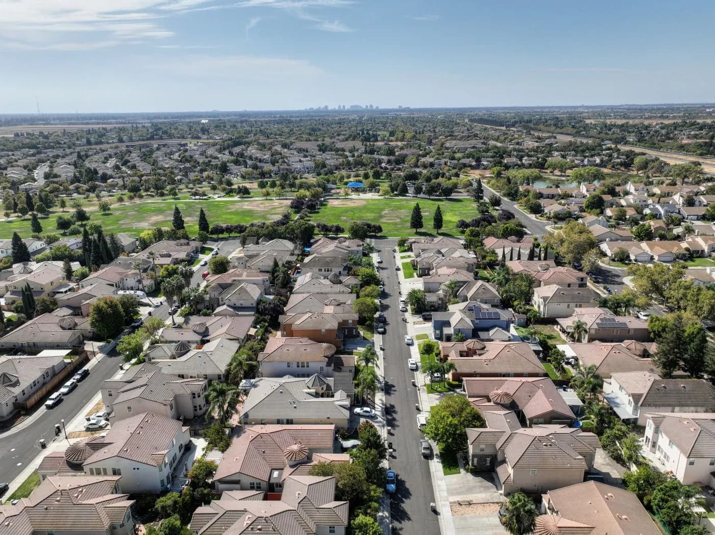Aerial view of a suburban neighborhood street