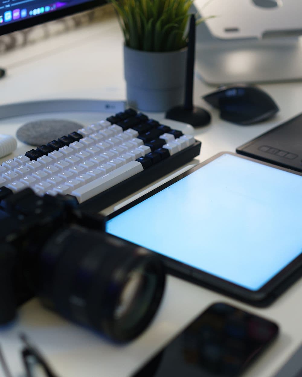 Creative design workspace with a graphics tablet