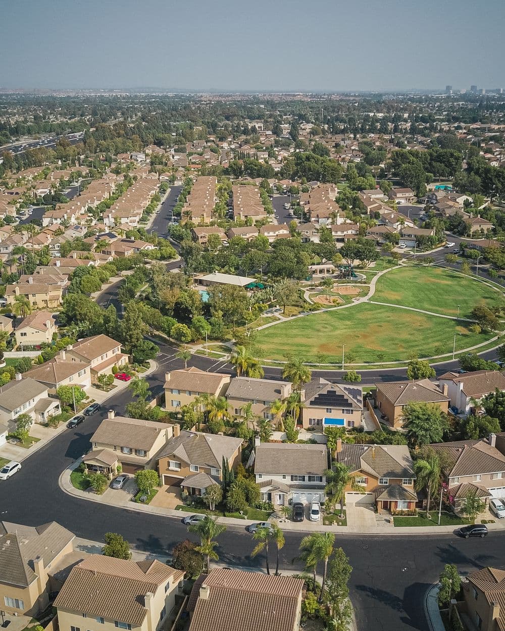 Aerial view of a suburban neighborhood