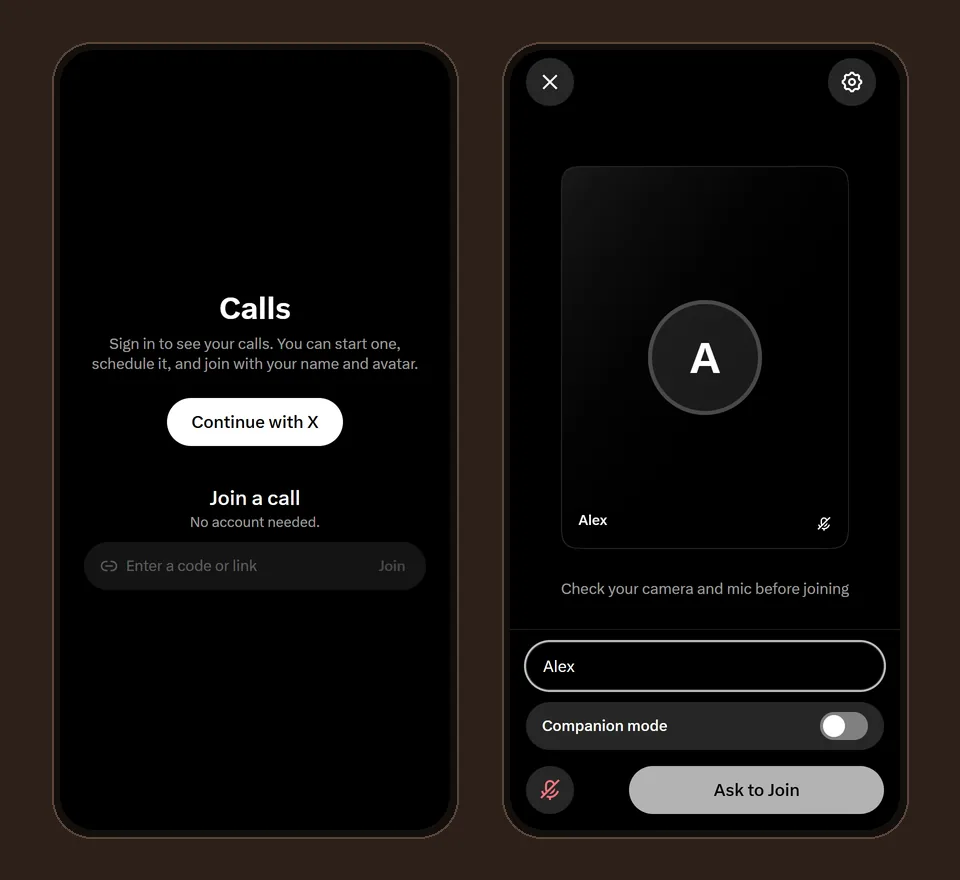 Two phone screens: the X Calls start page with a Join a call box, and the preview screen with a name box and an Ask to Join button